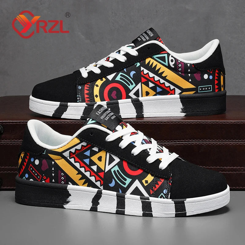 Men'S Sports Running Shoes Canvas Geometric Style Lace-Up Sneakers Couples' Fashionable Graffiti Print Skate Shoes Men