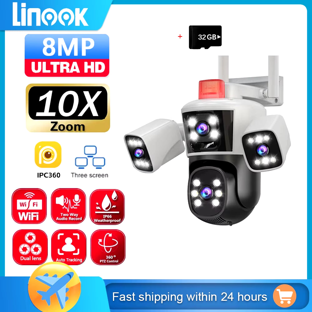 12MP 6K 3 Lenses Wifi Surveillance Camera CCTV Outdoor Wifi Camera IP Camera, PTZ Security Protection