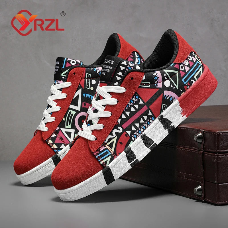 Men'S Sports Running Shoes Canvas Geometric Style Lace-Up Sneakers Couples' Fashionable Graffiti Print Skate Shoes Men