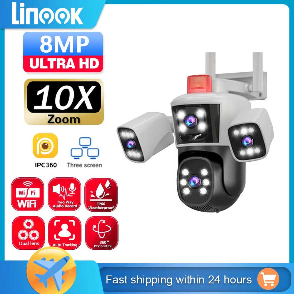 12MP 6K 3 Lenses Wifi Surveillance Camera CCTV Outdoor Wifi Camera IP Camera, PTZ Security Protection