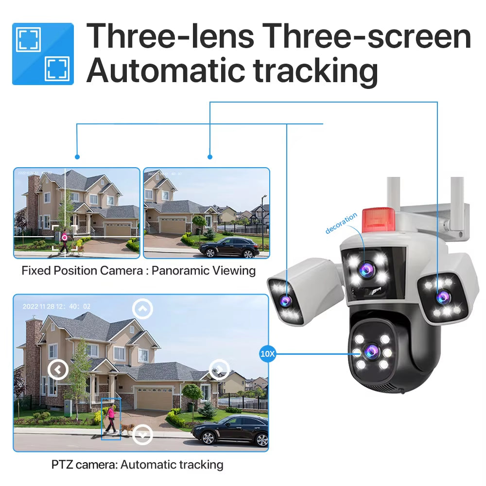 12MP 6K 3 Lenses Wifi Surveillance Camera CCTV Outdoor Wifi Camera IP Camera, PTZ Security Protection