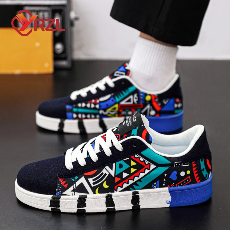 Men'S Sports Running Shoes Canvas Geometric Style Lace-Up Sneakers Couples' Fashionable Graffiti Print Skate Shoes Men