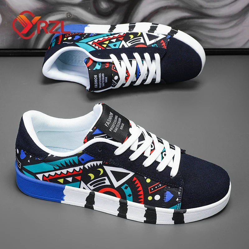 Men'S Sports Running Shoes Canvas Geometric Style Lace-Up Sneakers Couples' Fashionable Graffiti Print Skate Shoes Men