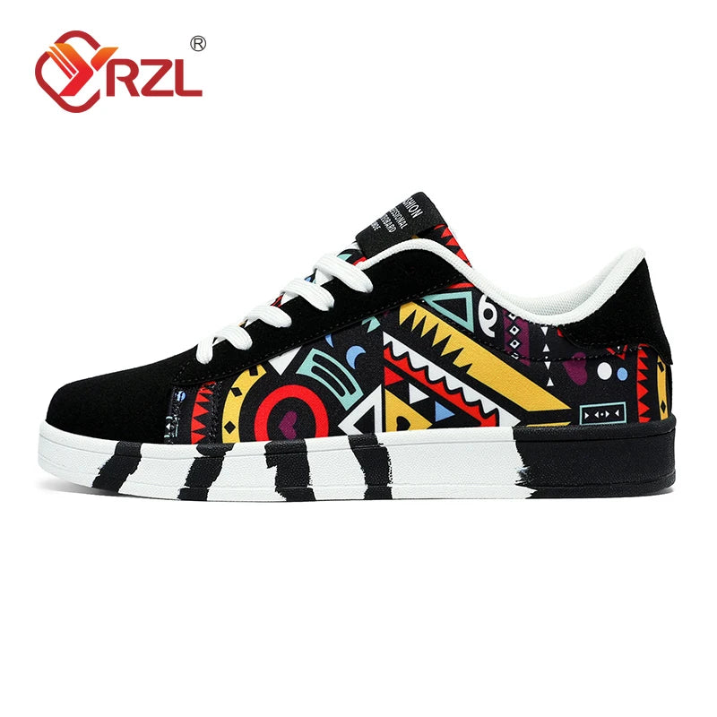 Men'S Sports Running Shoes Canvas Geometric Style Lace-Up Sneakers Couples' Fashionable Graffiti Print Skate Shoes Men