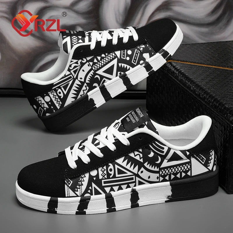 Men'S Sports Running Shoes Canvas Geometric Style Lace-Up Sneakers Couples' Fashionable Graffiti Print Skate Shoes Men