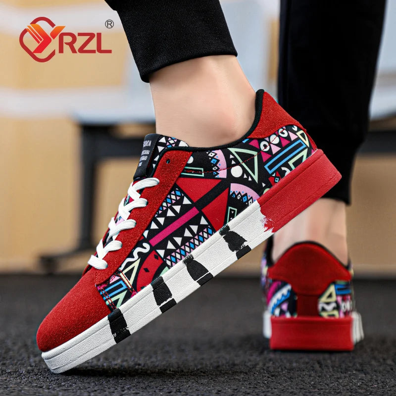 Men'S Sports Running Shoes Canvas Geometric Style Lace-Up Sneakers Couples' Fashionable Graffiti Print Skate Shoes Men