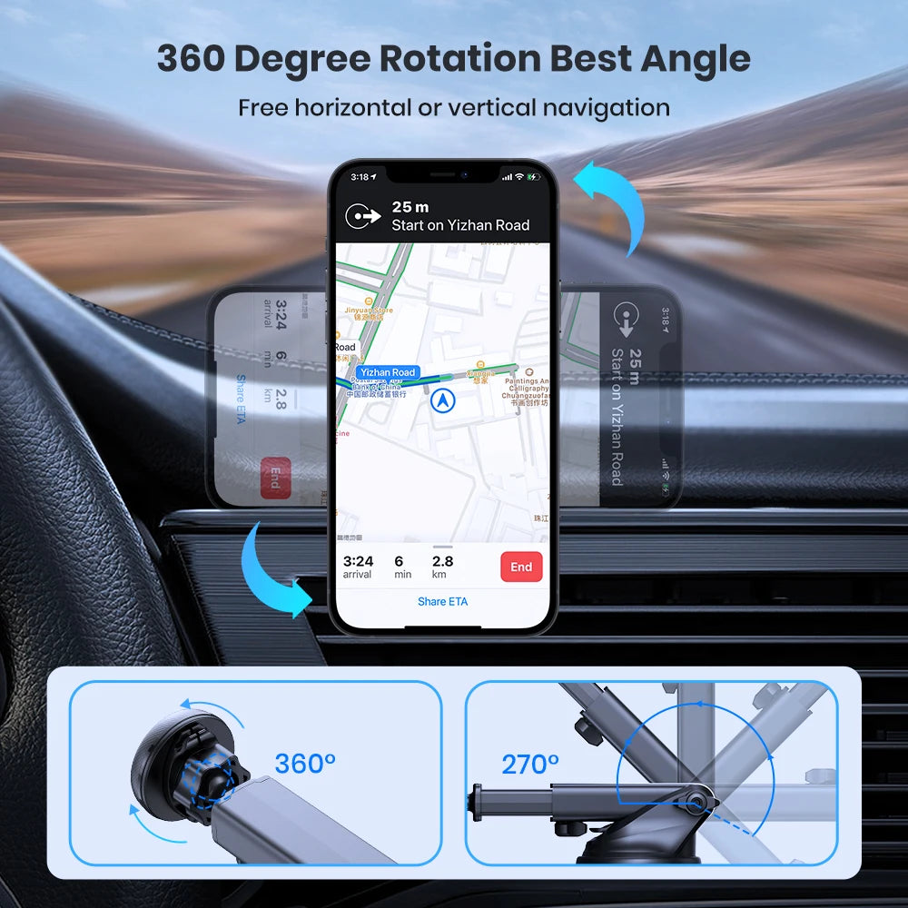 Magnetic Car Phone Mount, N52 Strong Magnet Dashboard Windshield Suction Cup Car Phone Holder Adjustable Telescopic Arm