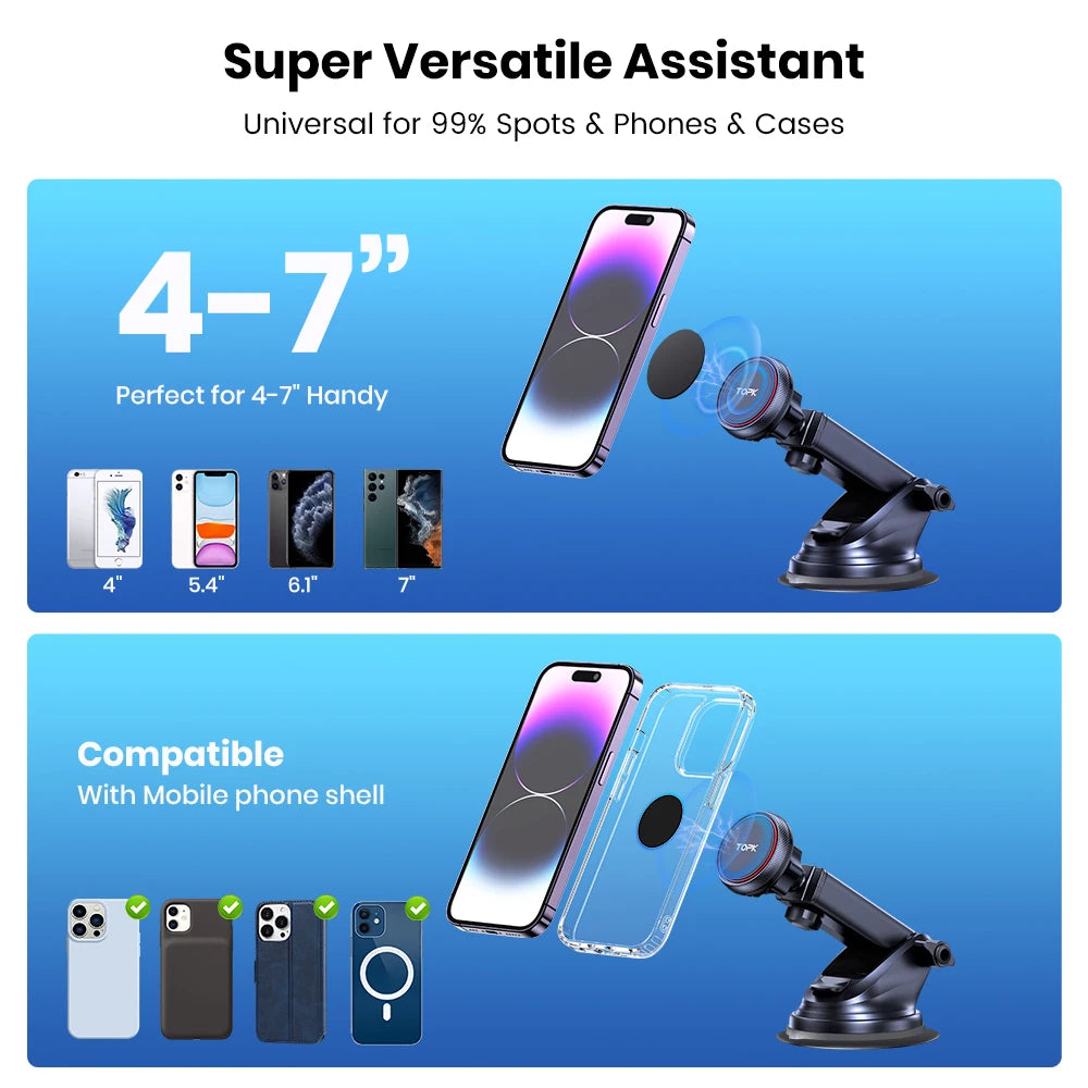 Magnetic Car Phone Mount, N52 Strong Magnet Dashboard Windshield Suction Cup Car Phone Holder Adjustable Telescopic Arm