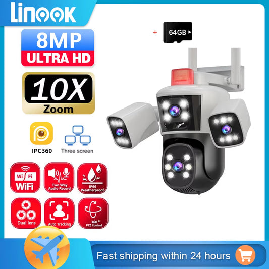 12MP 6K 3 Lenses Wifi Surveillance Camera CCTV Outdoor Wifi Camera IP Camera, PTZ Security Protection